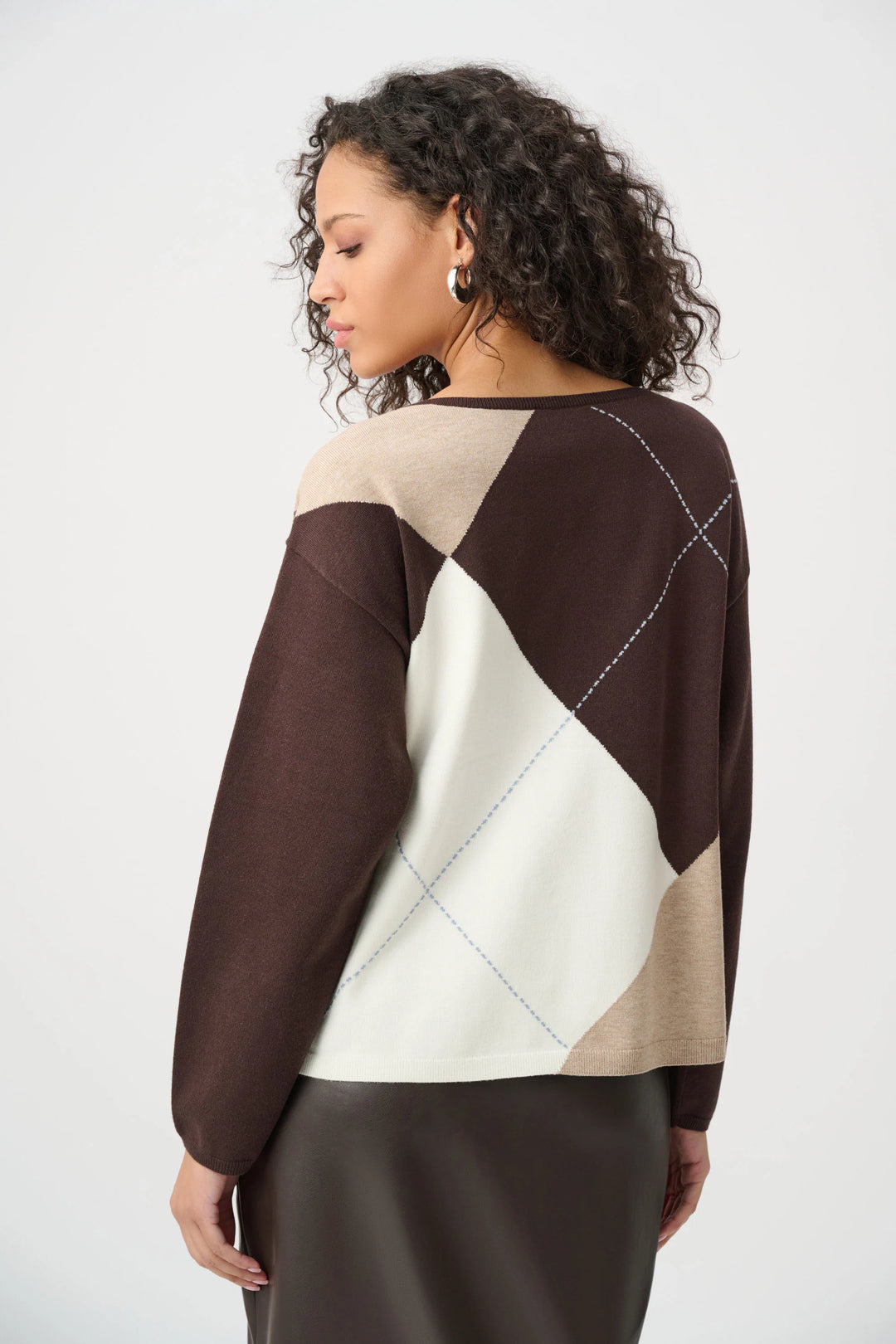 Joseph Ribkoff Argyle Pattern Crewneck Sweater  263948  Mocha/Multi