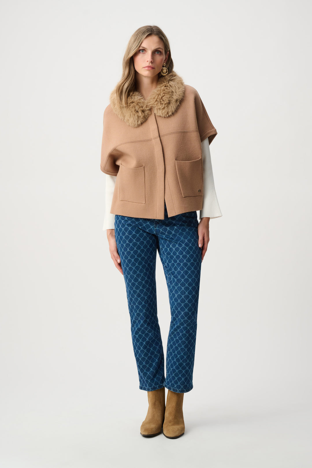 Joseph Ribkoff Sweater Knit Jacket with Detachable Collar  263949  Camel