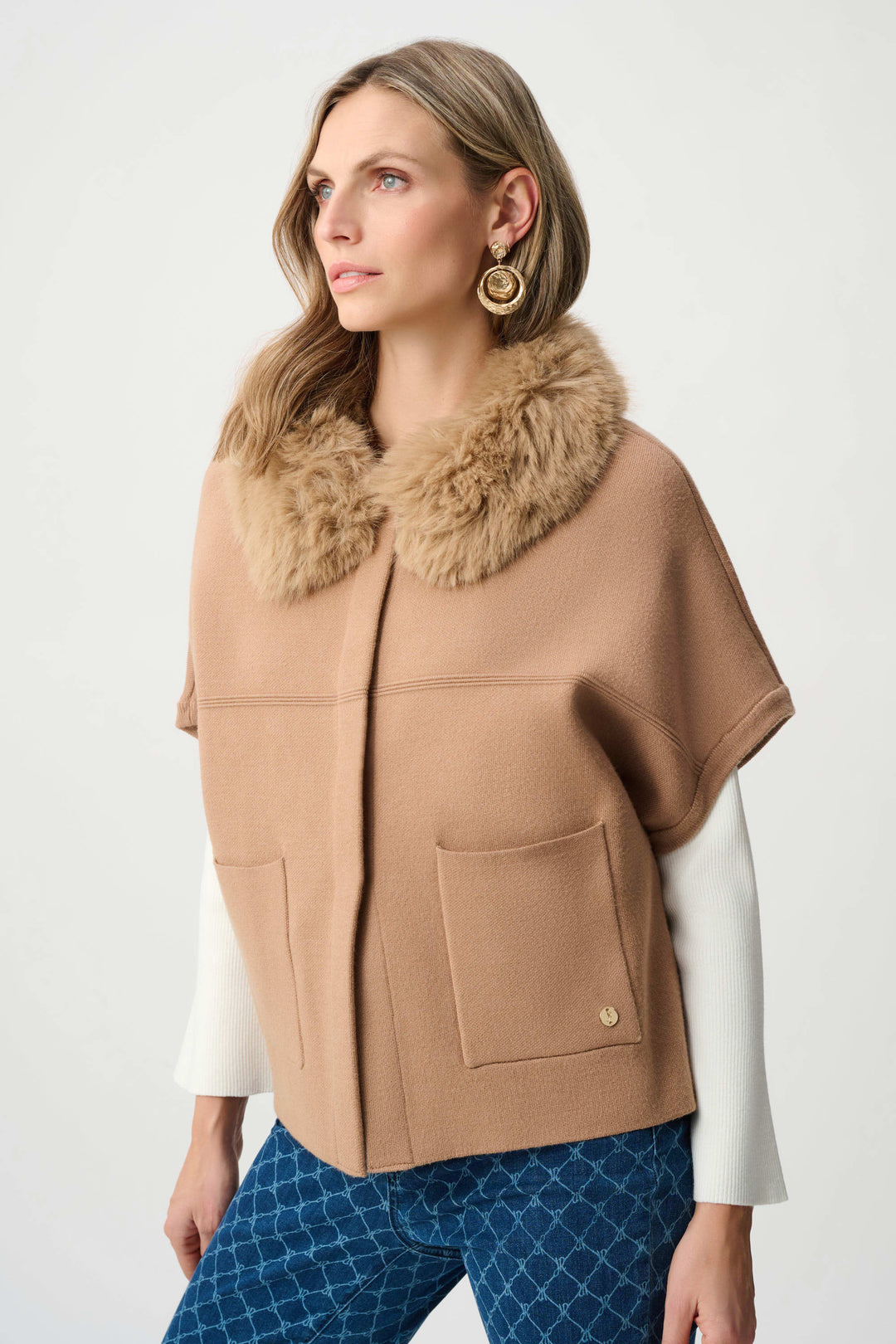 Joseph Ribkoff Sweater Knit Jacket with Detachable Collar  263949  Camel