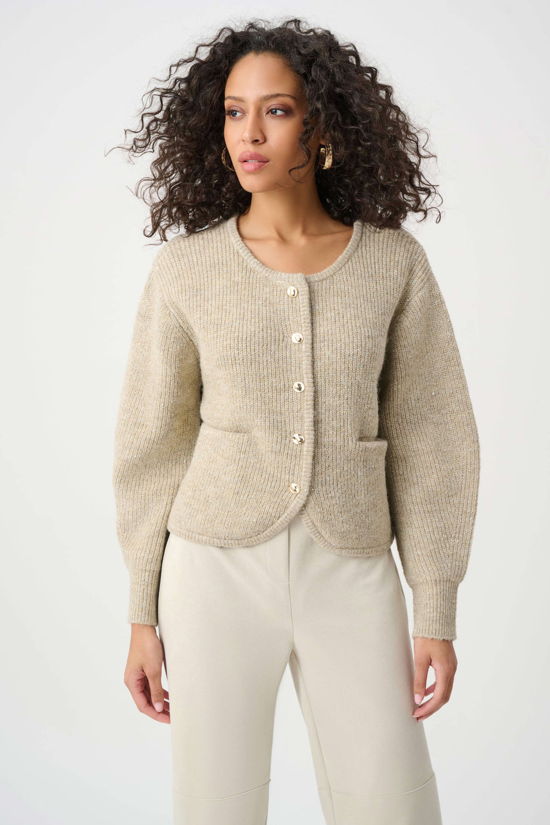 Joseph Ribkoff Sequined Boxy Crewneck Cardigan  263958  Oatmeal Melange