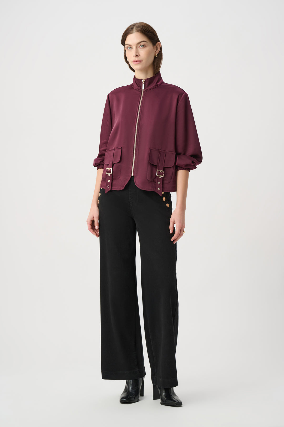 Joseph Ribkoff Satin Puff Sleeve Utility Jacket  264939  Elderberry
