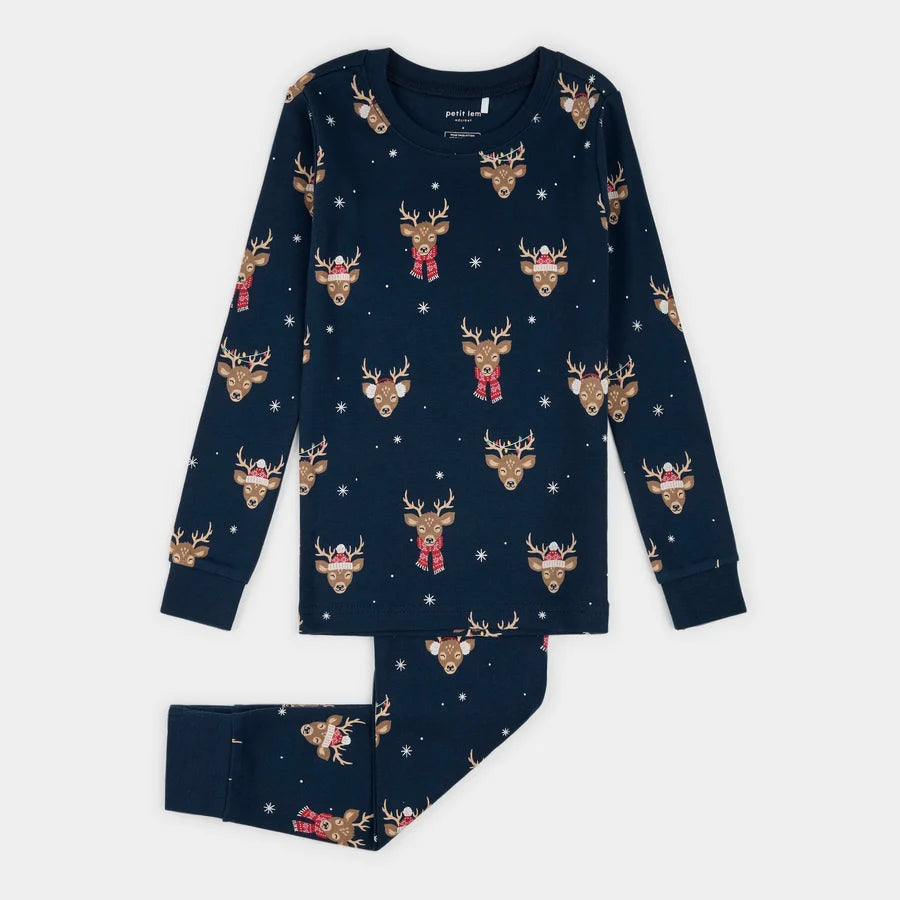 Petit Lem Two Piece Pajama Set   26HRS51Q74K   Reindeer Run Print On Dress Blue