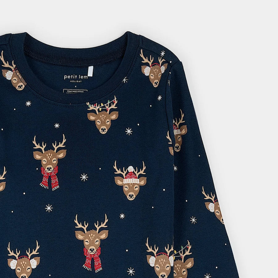 Petit Lem Two Piece Pajama Set   26HRS51Q74K   Reindeer Run Print On Dress Blue