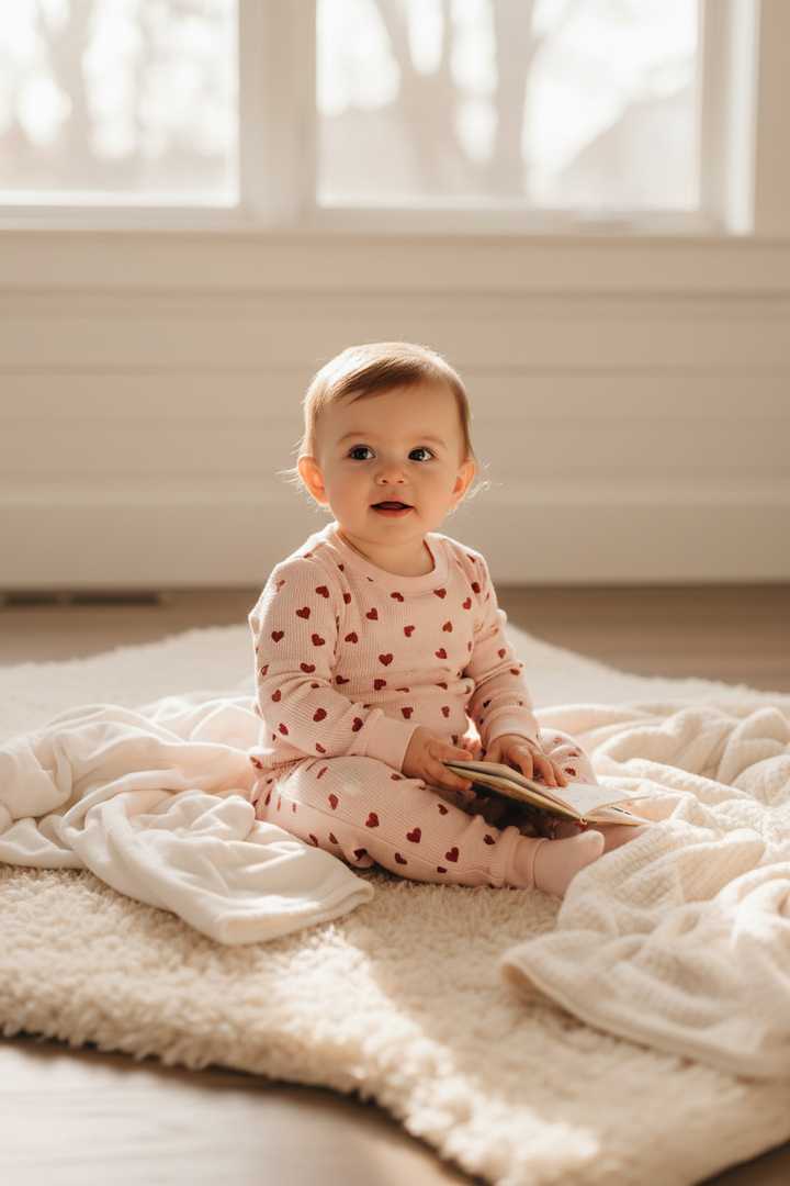 Petit Lem Baby Girl PJ Set  -  Pink Hearts on Peony Waffle
