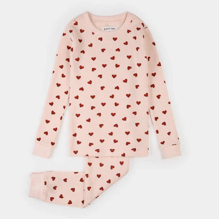 Petit Lem Girls PJ Set  - Pink Hearts on Peony Waffle