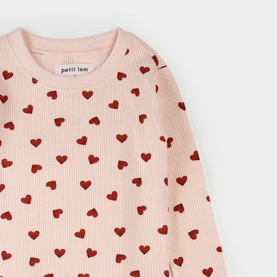Petit Lem Baby Girl PJ Set  -  Pink Hearts on Peony Waffle