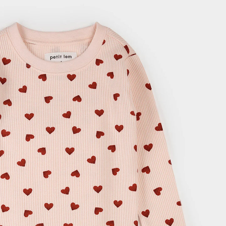 Petit Lem Girls PJ Set  - Pink Hearts on Peony Waffle