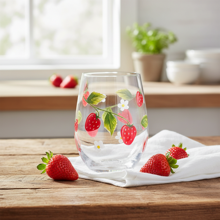 Abbott Strawberries and Flowers Stemless Glass  27-FRAISE-SG