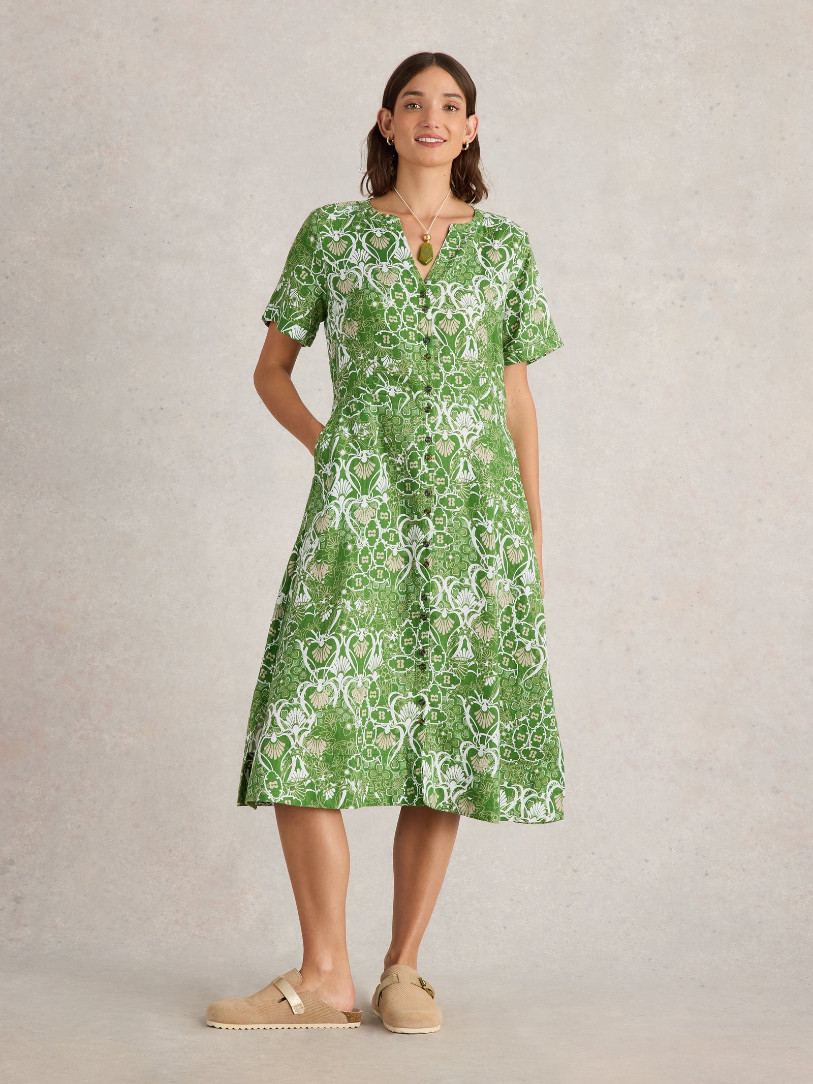 White Stuff Iris Linen Dress  442727  Green Print