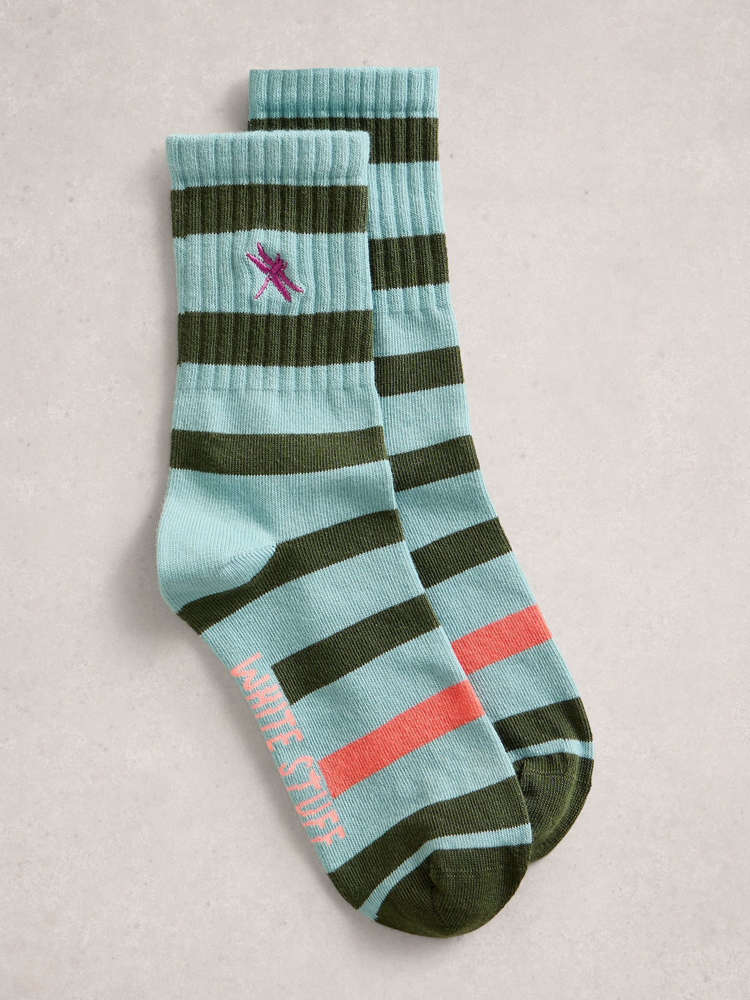 White Stuff Embroidered Dragonfly Rib Sock  445157 Mid Green