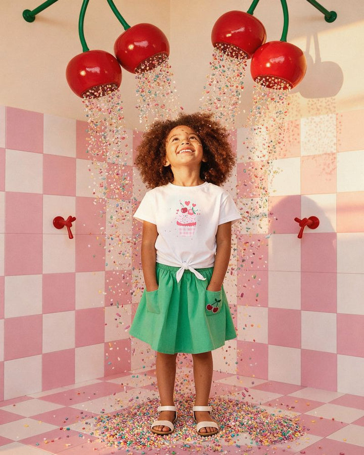Deux Par Deux Girls Skort With Embroidered Cherris   H30L80   Golf Green