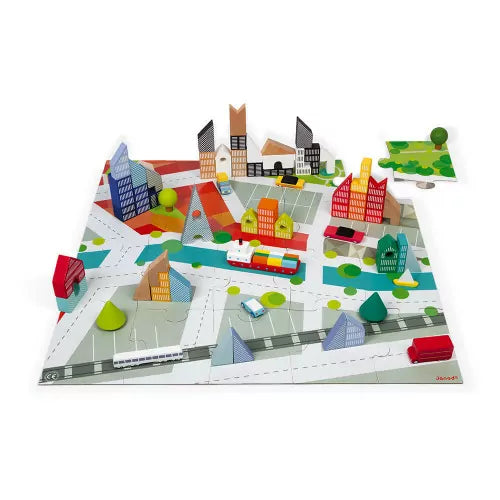 Janod  Wooden Kubix Blocks & Cardboard City Puzzle 60PCS