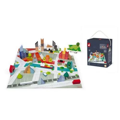 Janod  Wooden Kubix Blocks & Cardboard City Puzzle 60PCS