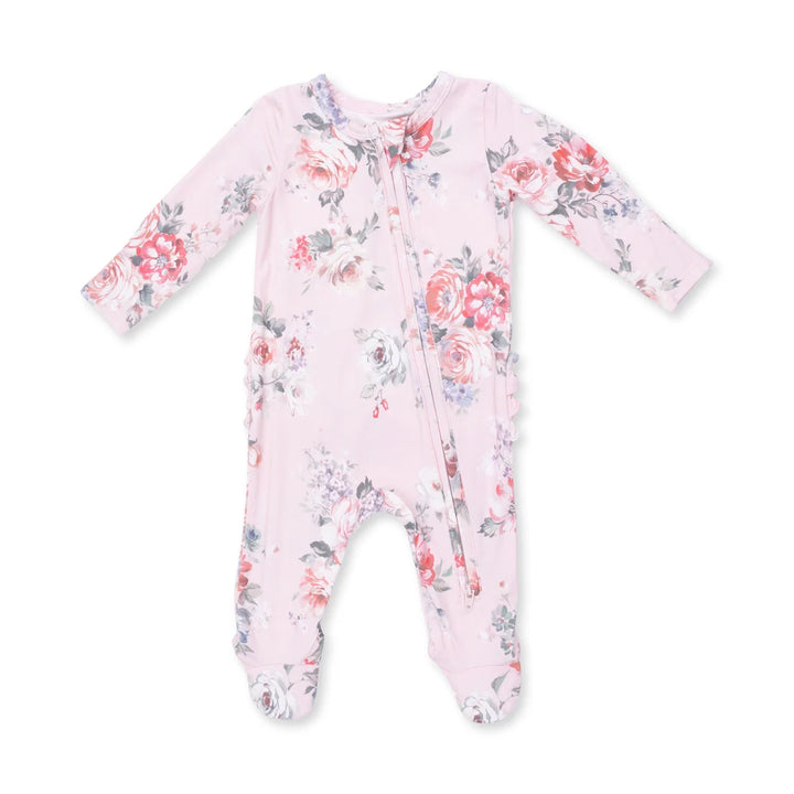 Angel Dear Baby 2 Way Ruffle Back Zipper Footie   653-F26-PRB   Painterly Rose Bouquets