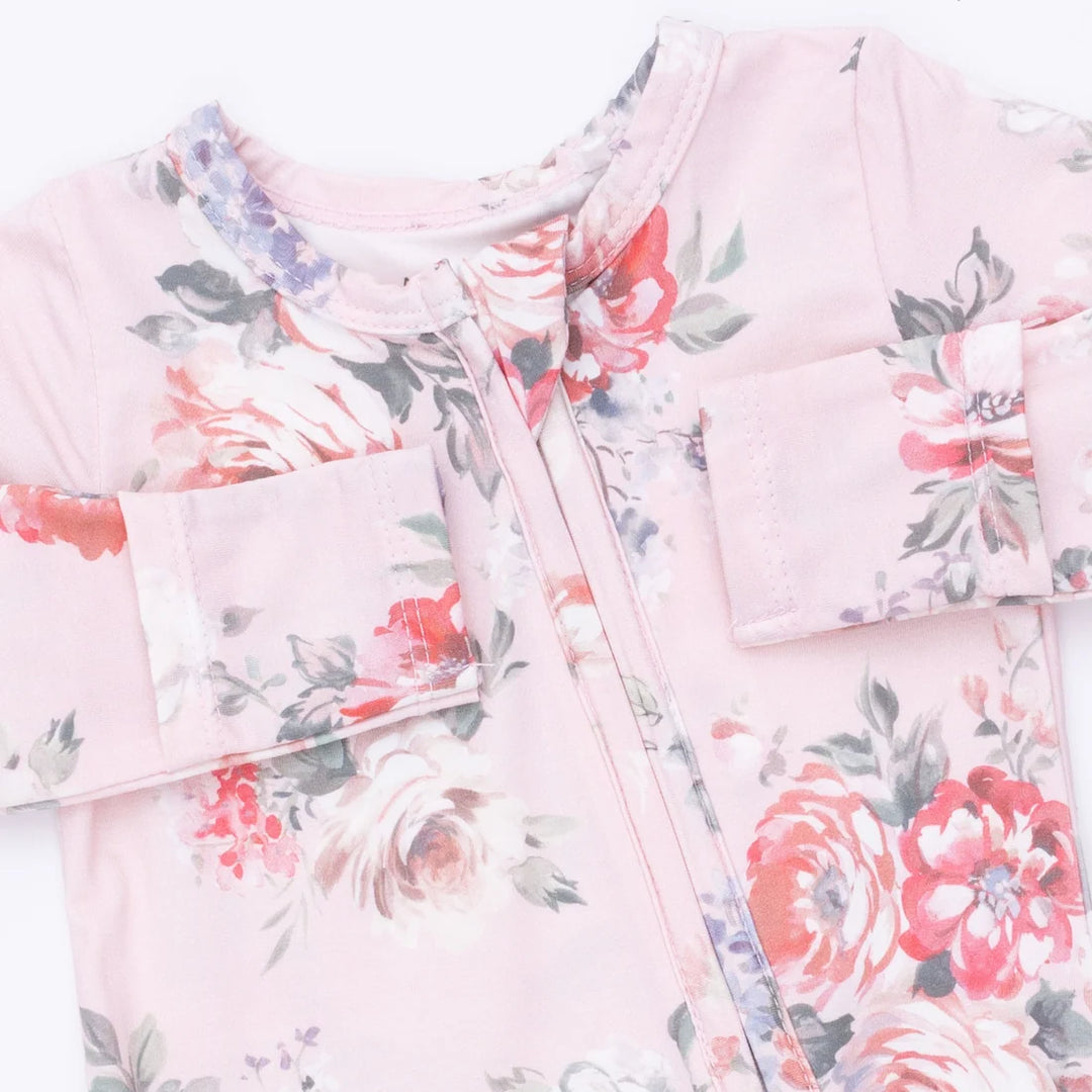 Angel Dear Baby 2 Way Ruffle Back Zipper Footie   653-F26-PRB   Painterly Rose Bouquets