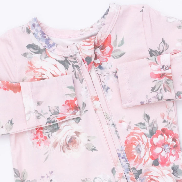 Angel Dear Baby 2 Way Ruffle Back Zipper Footie   653-F26-PRB   Painterly Rose Bouquets