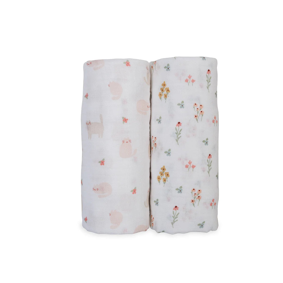 Lulujo Cotton Muslin Swaddles 2 Pk.   Kitty & Flower   LJ172