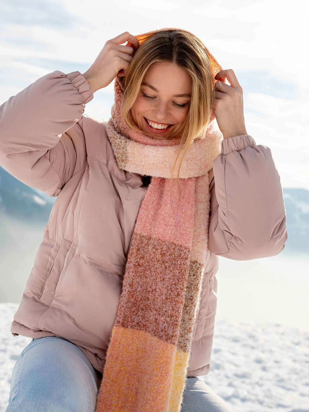 Fraas Checked Scarf  with Fringe  649006-419  Powder Rose