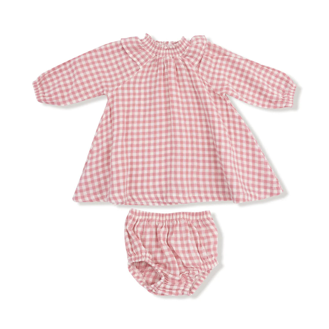 Angel Dear Long Sleeve Ruffle Smocked Neck Dress + Bloomer   929-F25-WPP   Pink Plaid/Rose