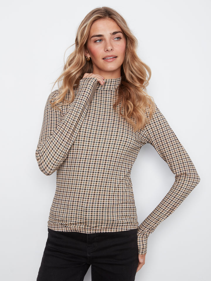 Charlie B Printed Long Sleeve Mock Neck Top  C1404RPK-P413  Coffee