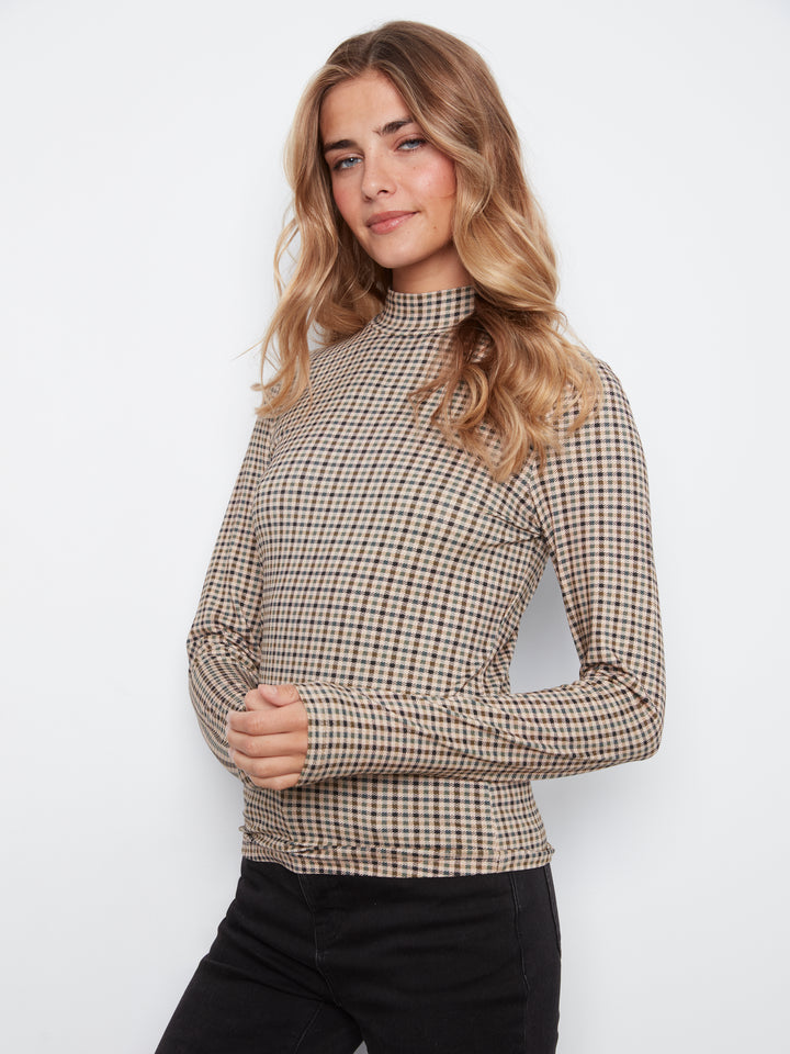 Charlie B Printed Long Sleeve Mock Neck Top  C1404RPK-P413  Coffee