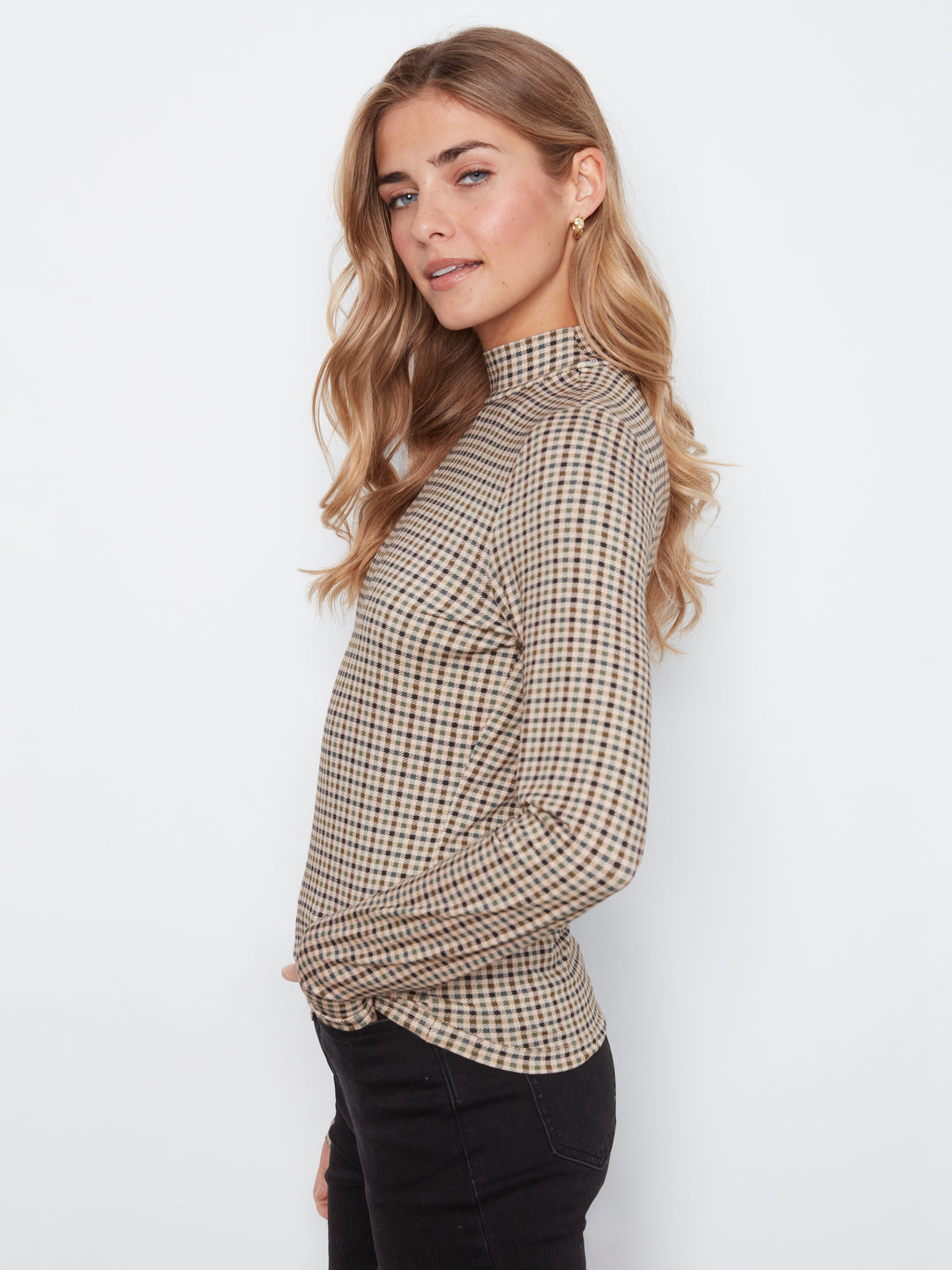 Charlie B Printed Long Sleeve Mock Neck Top  C1404RPK-P413  Coffee