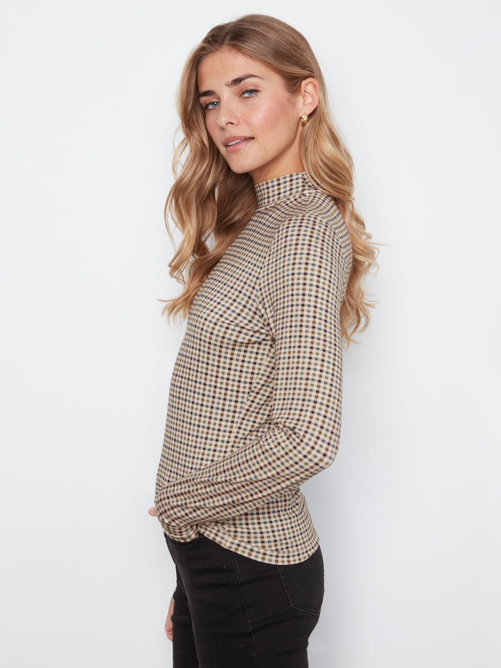 Charlie B Printed Long Sleeve Mock Neck Top  C1404RPK-P413  Coffee