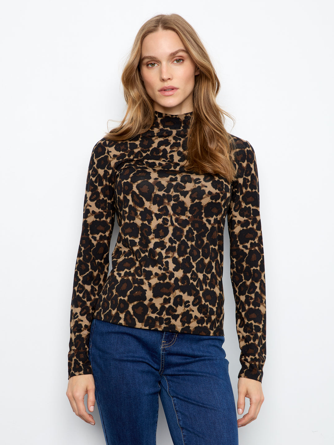 Charlie B Printed Long Sleeve Mock Neck Top  C1404RPK-P916 Leopard
