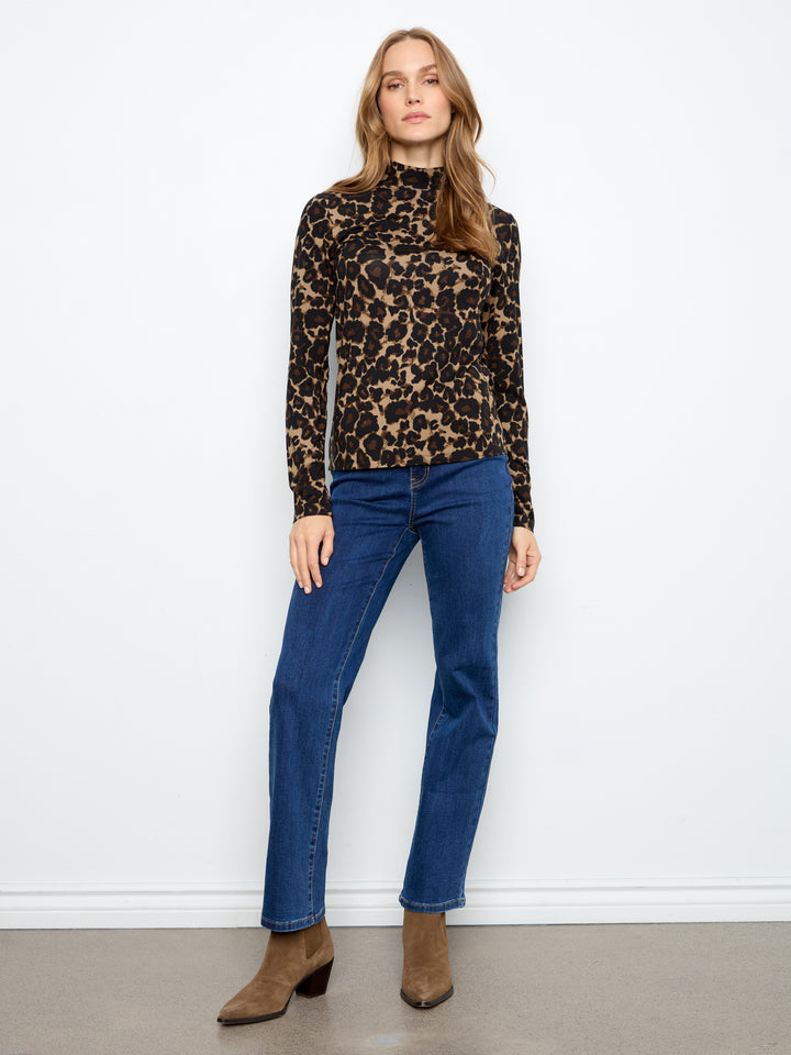 Charlie B Printed Long Sleeve Mock Neck Top  C1404RPK-P916 Leopard