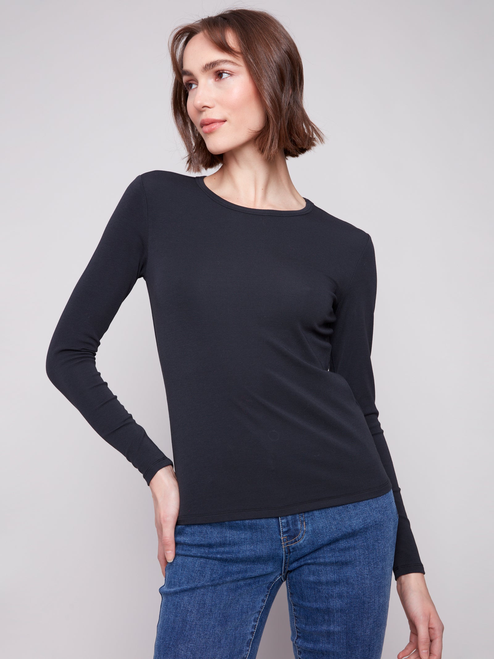 Charlie B Interlock Knit Crew Neck Top  1408-001  Black