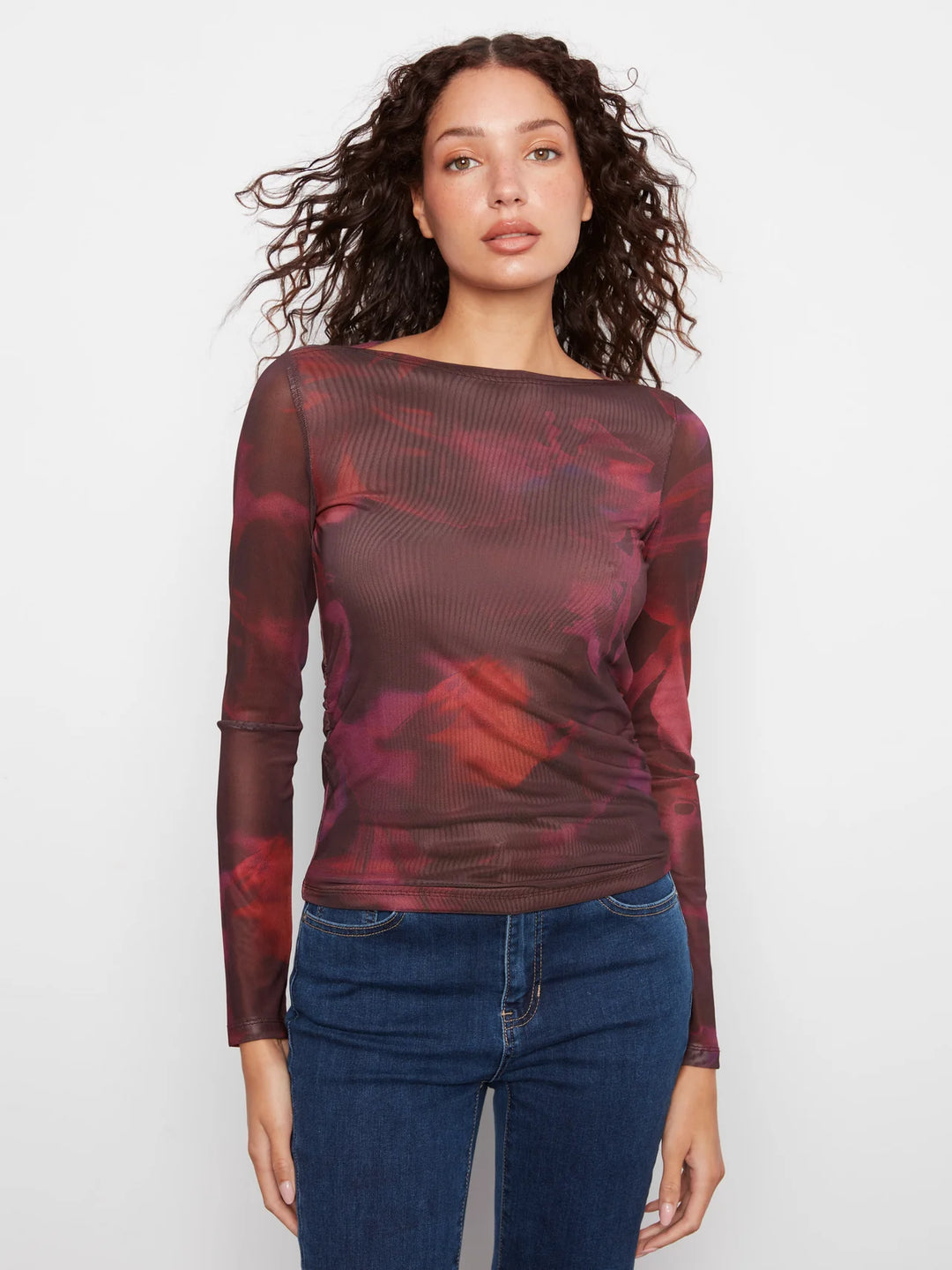Charlie B Mesh Boat Neck Top  C1409-P485 Roses
