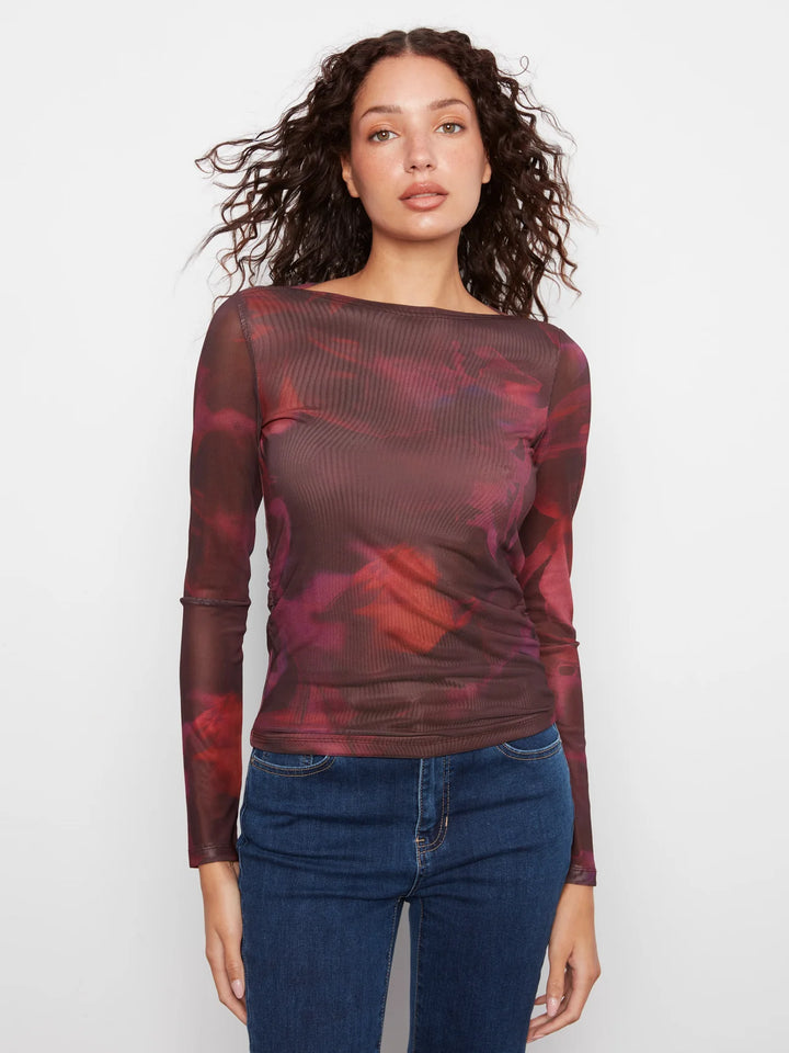 Charlie B Mesh Boat Neck Top  C1409-P485 Roses