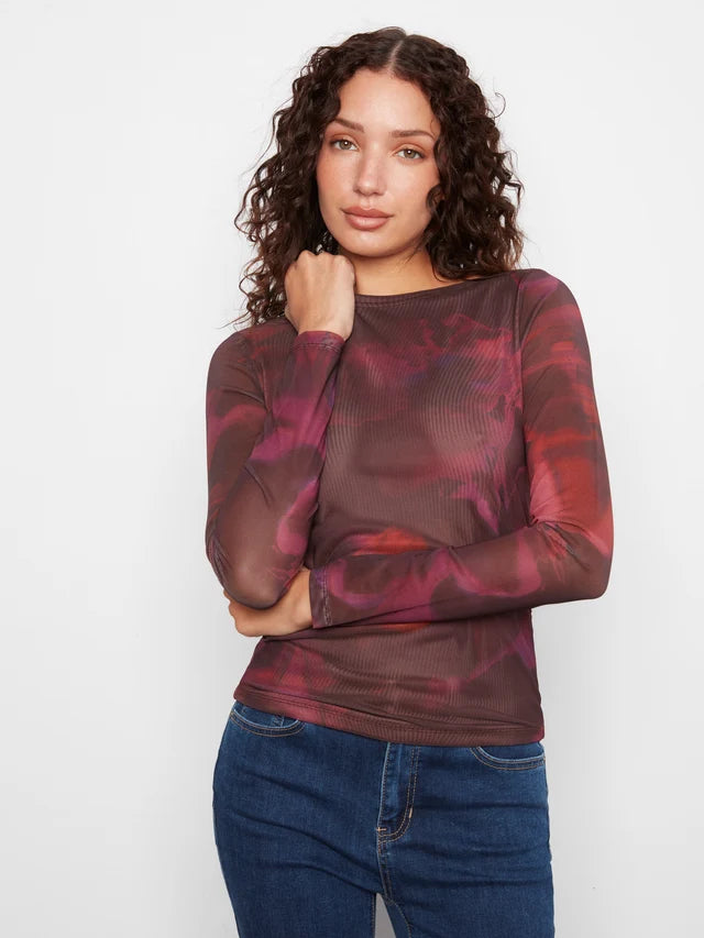 Charlie B Mesh Boat Neck Top  C1409-P485 Roses