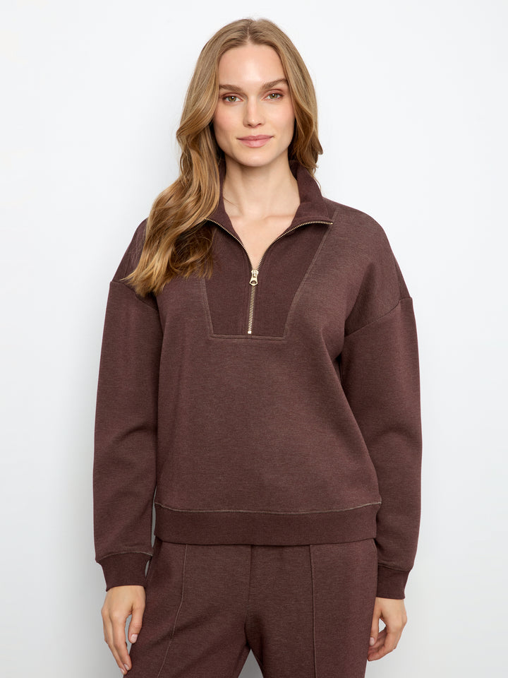 Charlie B Half Zip High Collar Sweatshirt  C1454-P479  Espresso