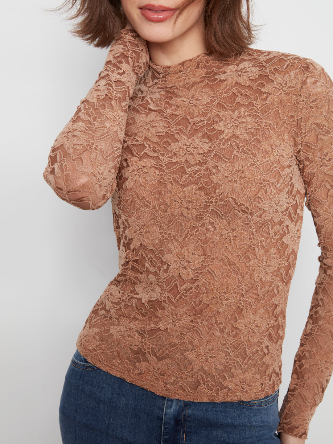 Charlie B Long Sleeve Mock Neck Top  C1470PK-610  Truffle