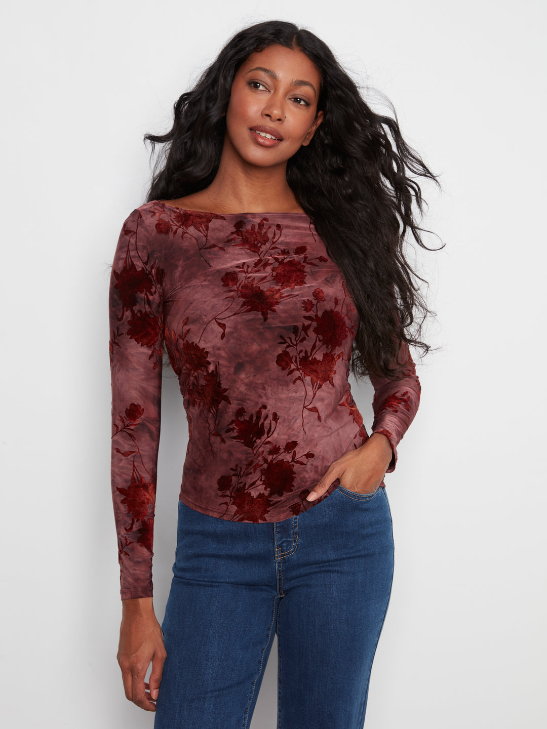 Charlie B Boat Neck Top with Ruching  C1471-320  Merlot