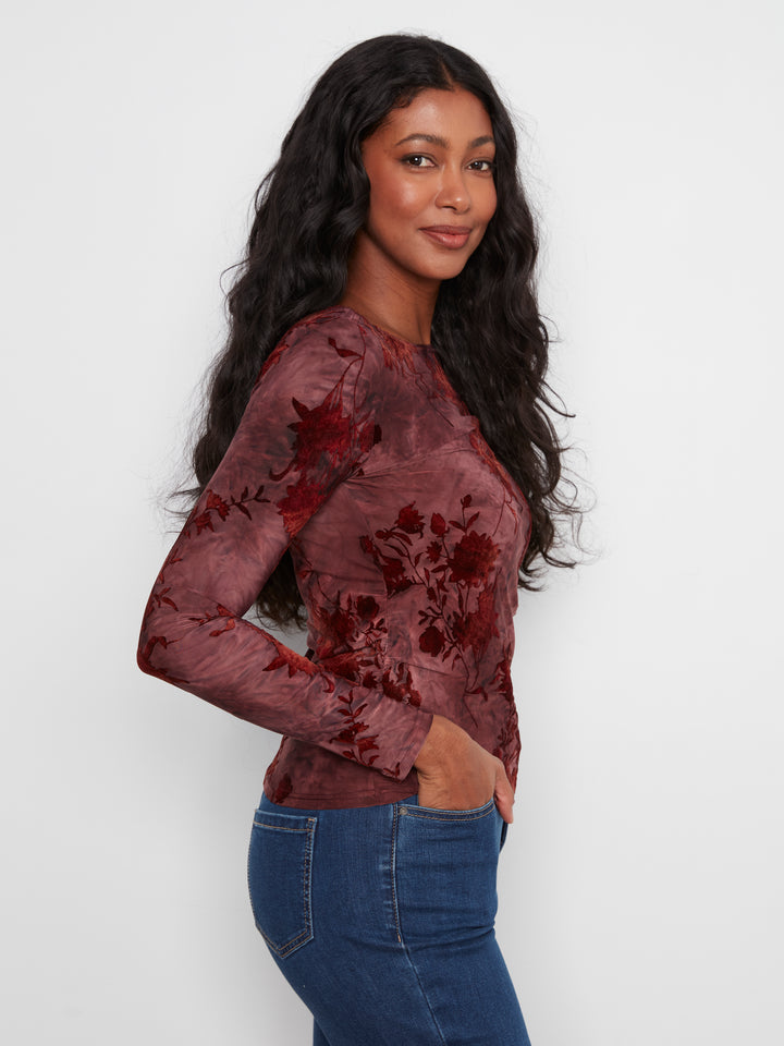 Charlie B Boat Neck Top with Ruching  C1471-320  Merlot
