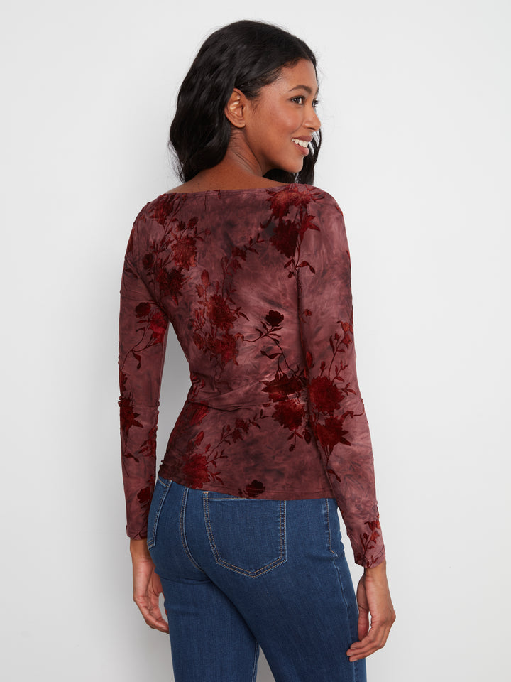 Charlie B Boat Neck Top with Ruching  C1471-320  Merlot
