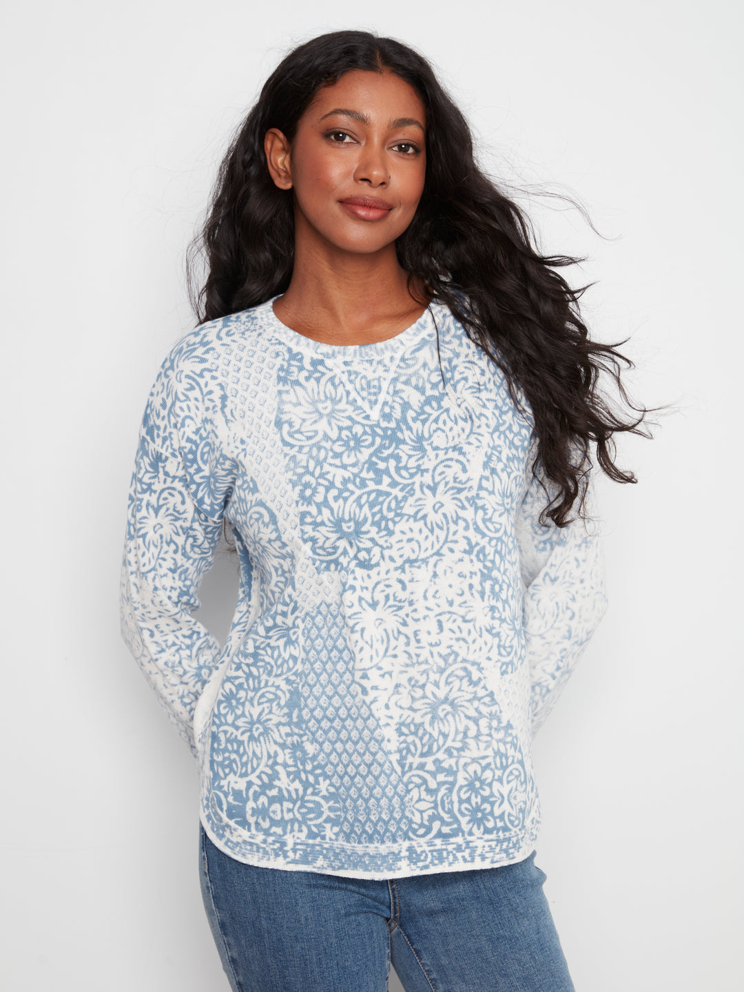 Charlie B Crew Neck Printed on Reverse Sweater  C2010-636  Damask