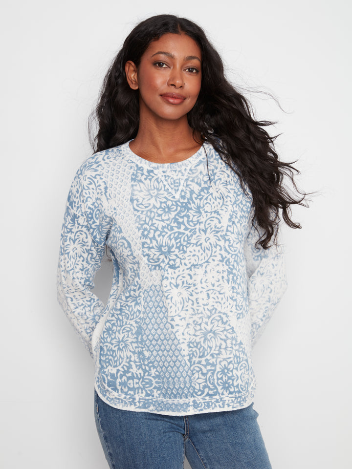 Charlie B Crew Neck Printed on Reverse Sweater  C2010-636  Damask