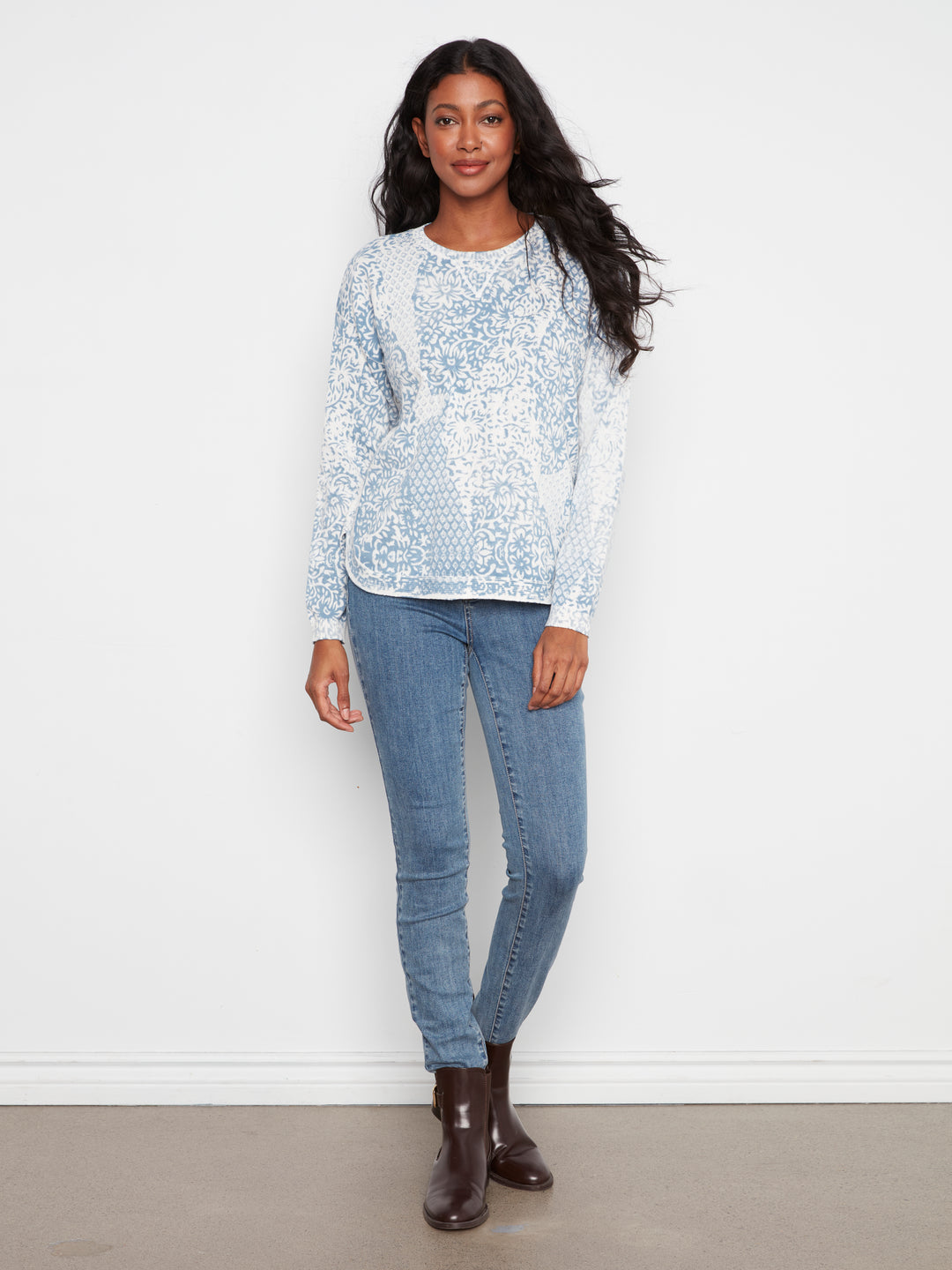 Charlie B Crew Neck Printed on Reverse Sweater  C2010-636  Damask