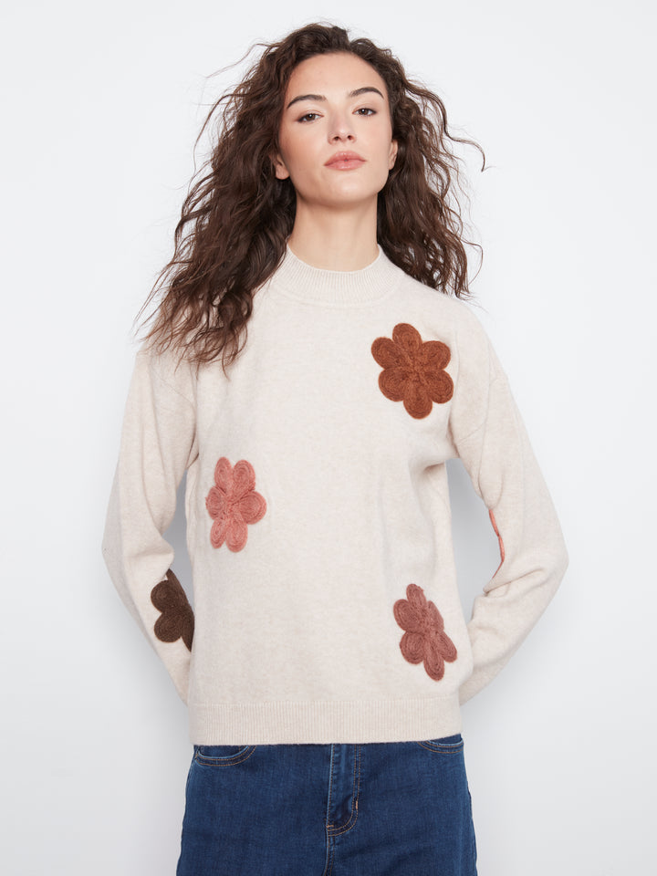 Charlie B Drop Shoulder Sweater with Flower Applique  C2012-P530   Almond