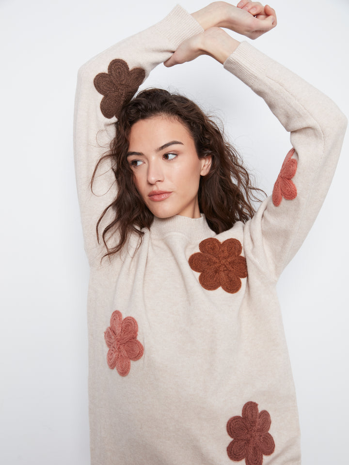 Charlie B Drop Shoulder Sweater with Flower Applique  C2012-P530   Almond