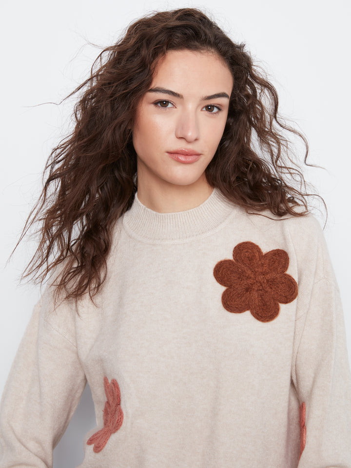 Charlie B Drop Shoulder Sweater with Flower Applique  C2012-P530   Almond