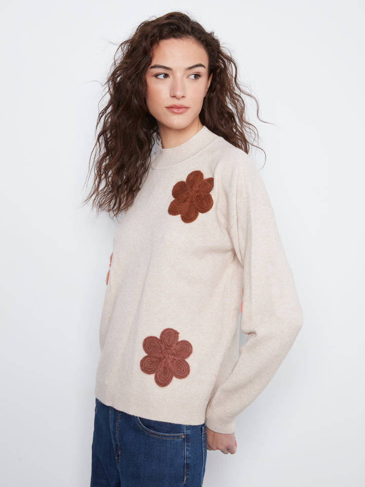 Charlie B Drop Shoulder Sweater with Flower Applique  C2012-P530   Almond