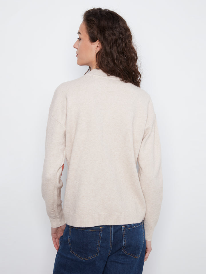 Charlie B Drop Shoulder Sweater with Flower Applique  C2012-P530   Almond