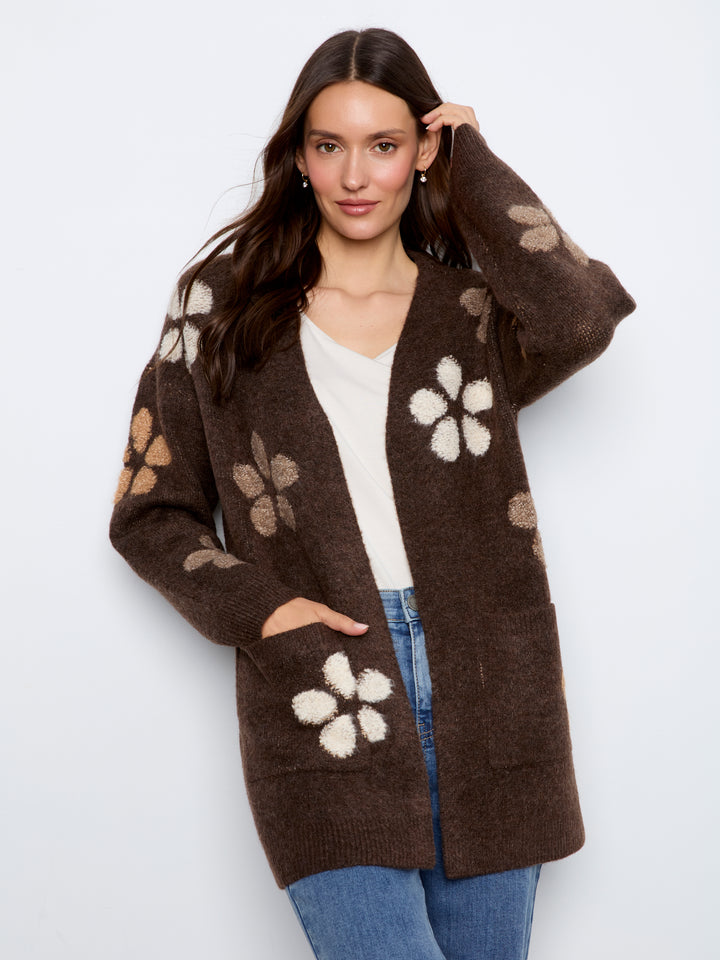 Charlie B Flower Boucle Long Sleeve Cardigan  C2029-P259  Heather Cocoa