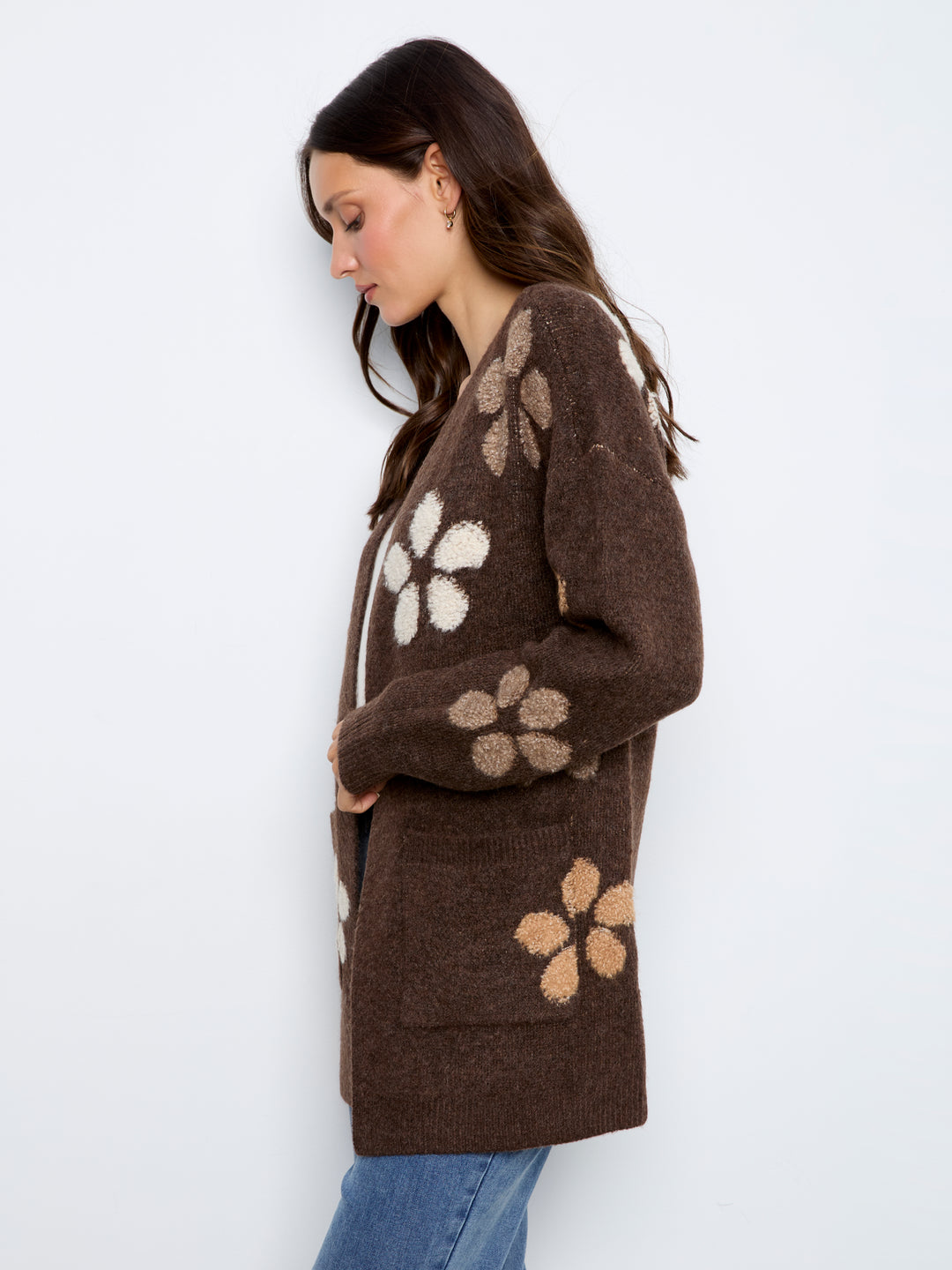 Charlie B Flower Boucle Long Sleeve Cardigan  C2029-P259  Heather Cocoa