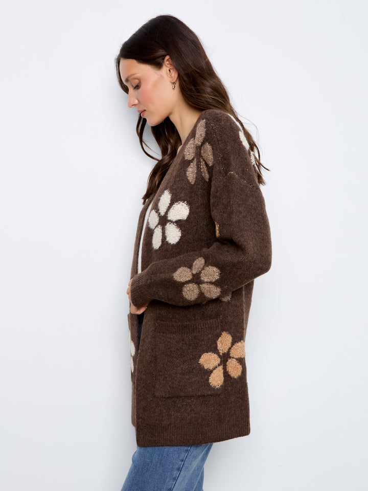 Charlie B Flower Boucle Long Sleeve Cardigan  C2029-P259  Heather Cocoa