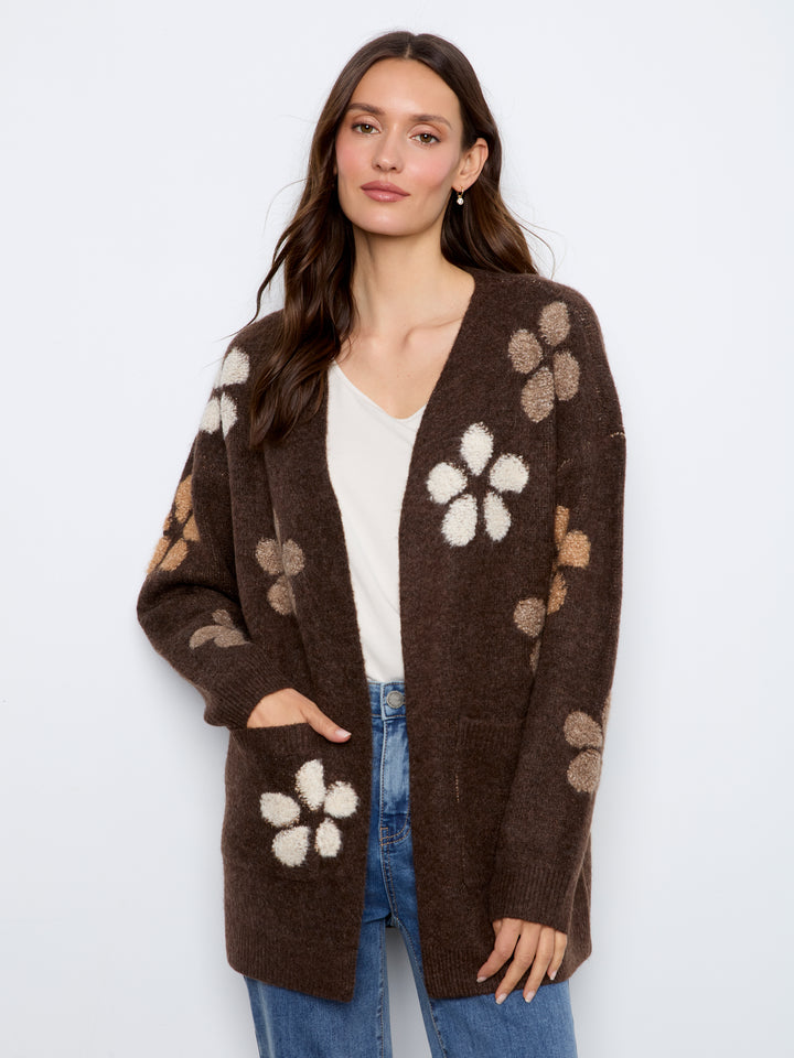 Charlie B Flower Boucle Long Sleeve Cardigan  C2029-P259  Heather Cocoa
